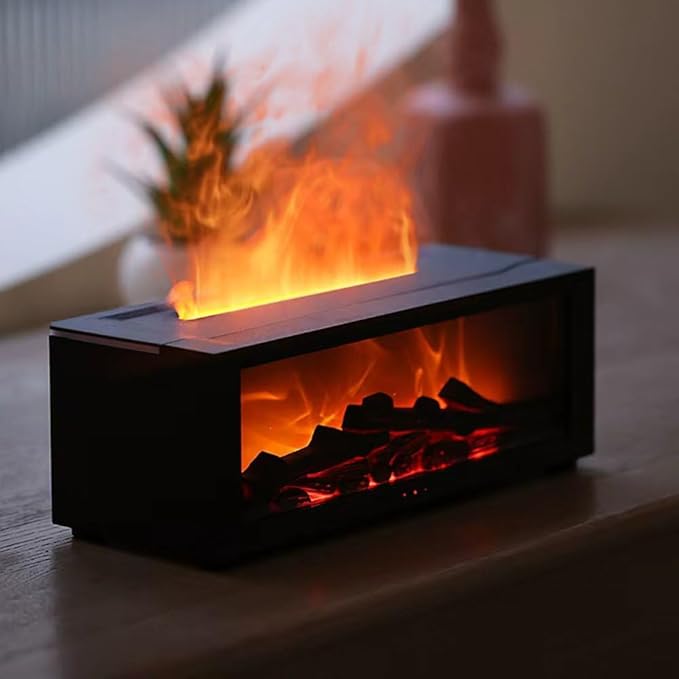 Fireplace Aroma Diffuser Humidifier, 7 Color Changing Essential Oil Diffuser with Realistic Flame Effect, Ultrasonic Quiet Aromatherapy Humidifier for Bedroom, Office, Home, Yoga Meditation (White)
