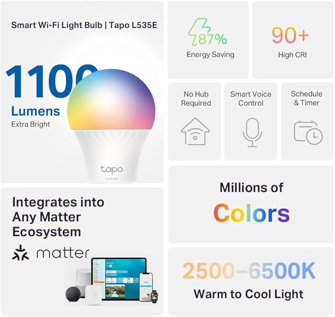 TP-Link Tapo Smart Light Bulbs, 1100 Lumens High Brightness (75W Equivalent), Matter-Certified, 16M Colors WiFi Light Bulb, Dimmable, Works w/Siri, Alexa & Google Home, A19 E26, Tapo L535E(2-Pack)