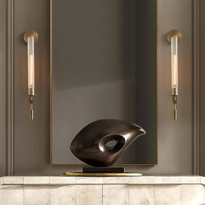 LIGHTLAND Gold Wall Sconces Set of 2, 28 Inch Modern Metal Glass Wall Light Fixture, Wall Lamp for Living Room Bedroom Hallway