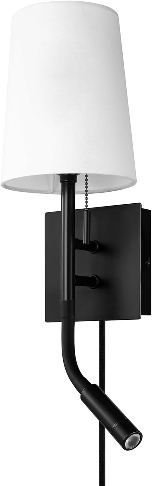 Globe Electric 1-Light Plug-in or Hardwired Wall Sconce with LED Integrated Reading Light, USB-A Port, USB-C Port, Matte Black, White Fabric Shade, On-Off Pull Chain and Rocker Switch