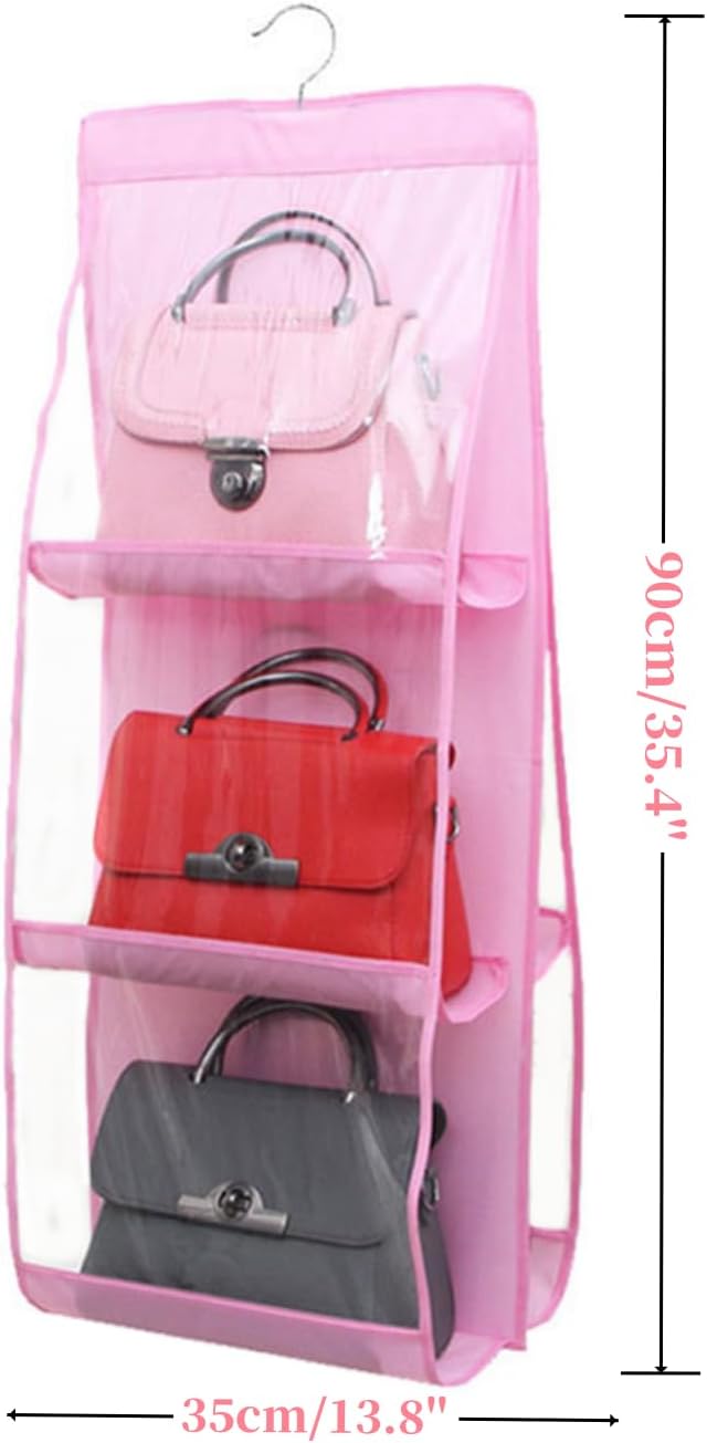 HAN SHENG 6 Pockets Clear Handbag & Purse Organizer Hanging Bag Storage - Space Saving Hanging Shelf for Closet, Wardrobe, Over Door (1 Pack, Pink)