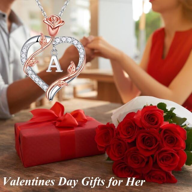 Iefil Sterling Silver Necklace for Women, Dainty Rose Love Heart Initial A Letter Pendant Necklace Jewelry Gifts for Mom Wife Girlfriend Birthday Anniversary