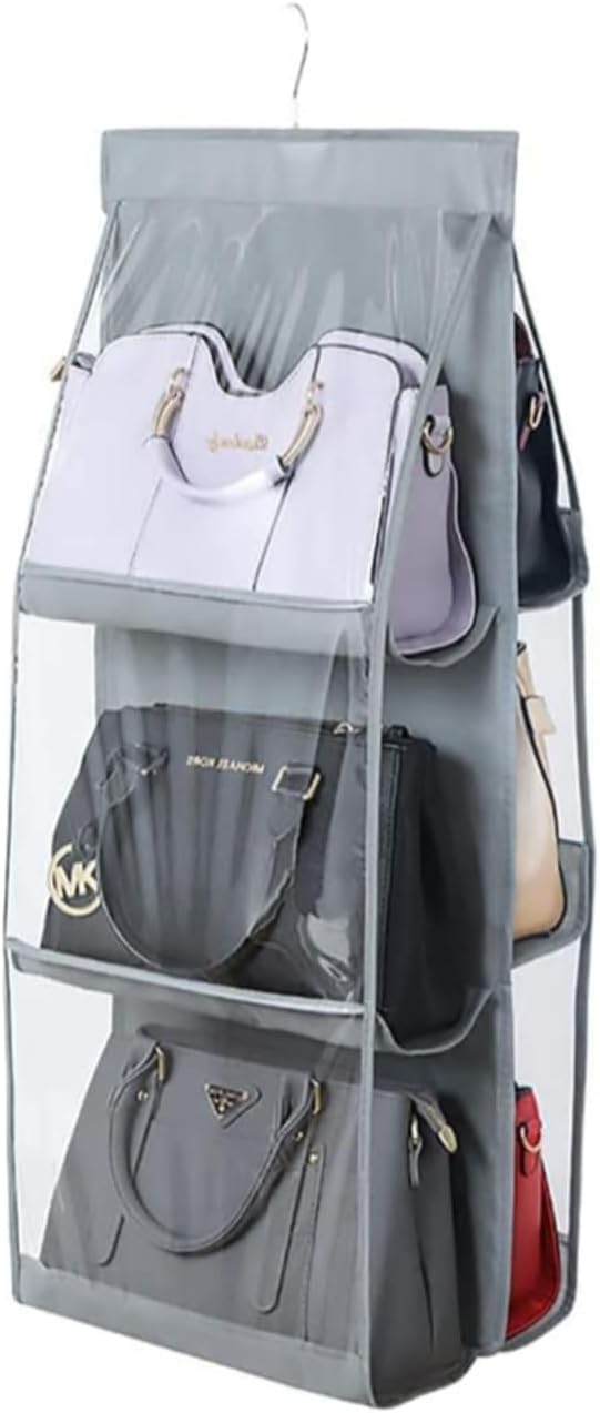 HAN SHENG 6 Pockets Clear Handbag & Purse Organizer Hanging Bag Storage - Space Saving Hanging Shelf for Closet, Wardrobe, Over Door (1 Pack, Grey)