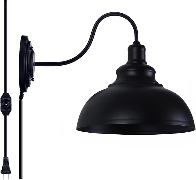 Lightess Dimmable Wall Sconce Plug in, Industrial Farmhouse Sconce with Dimmer On Off Switch, Black Barn Light Gooseneck Light Fixture, OLB11