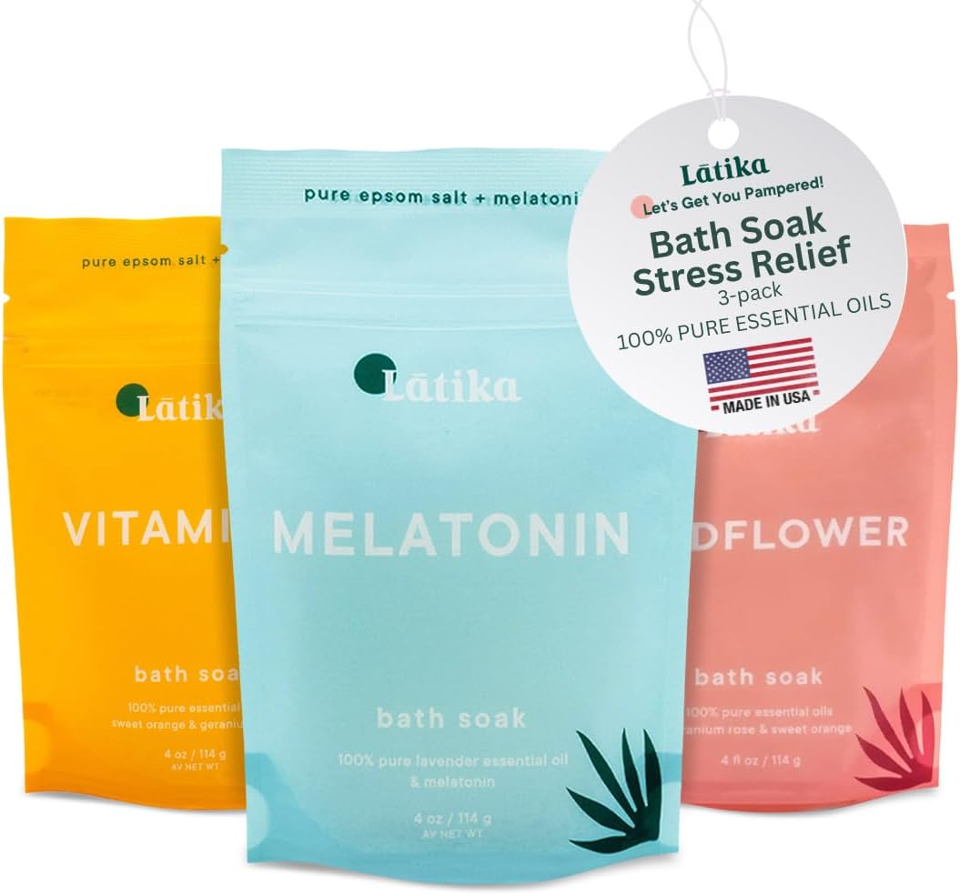 Soaks Set of 3 - Wildflower, Melatonin, Vitamin C - Moisturizing Bath Soak with Epsom Salt & Essential Oils for Stress Relief, Muscle Recovery, & Relaxation - at-Home Spa