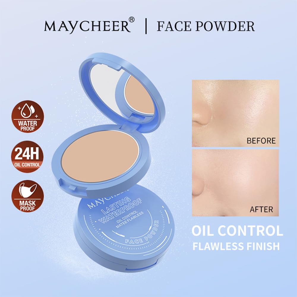 LAMUSELAND Pressed Powder Compact, Oil Control Brighten Skin Color Face Powder, Whitening Highlighting Face Makeup Tools for Women Girls (JG02)