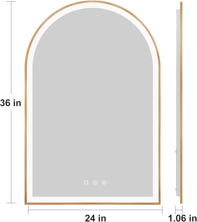 Arched LED Mirror for Bathroom 24"x36", Orange Gold LED Bathroom Mirror with Lights, Fogless, Dimmable, Shatterproof, Touch Sensor, 3 Color Changing