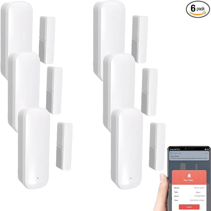 Mengshen 6 Pack WiFi Door Sensor Smart Window Door Sensor Alarm Wireless Magnetic Door Open Detector and APP Remote Notification Compatible withTuya Smart Alexa Google Assistant