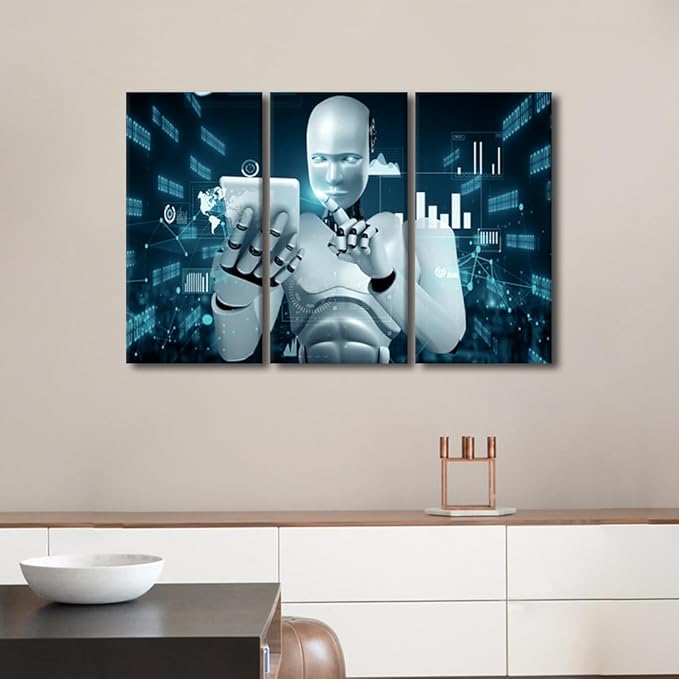 3 Pieces Banquet Wall Art AI Intelligence Artwork Wall Decor Canvas Wall Art Framed Wall Art Robot Prints on Canvas Wall Paintings Robot Posters Home Office Room Wall Decor, 42" Wx28 H