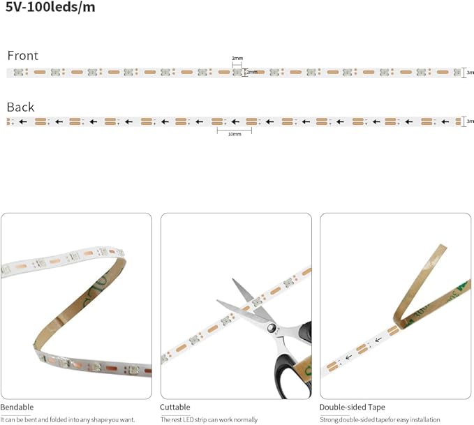 6.5FT WS2812B WS2812 3mm Ultra Narrow LED Strip,DC5V 100LEDs/m Individually Addressable Dream Color Flexible Smart Light Tape for Bedroom,Kitchen,Stage,TV Backlight(No Adapter or Controller)