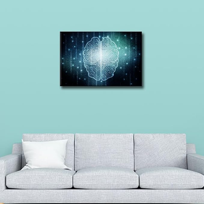 TUMOVO Wall Decor Digital Technology Canvas Wall Art Artificial Intelligence Brain Modern Artwork for Office Picture Print on Canvas Framed Ready to Hang for Living Bedroom Home, 24x16in