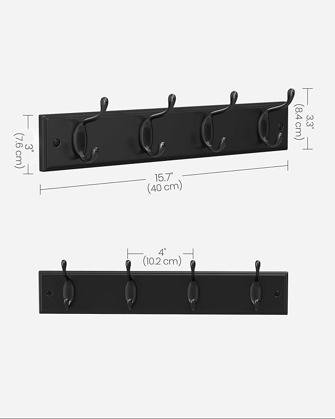 SONGMICS Wall-Mounted Coat Rack, Hook Rack, 4 Dual Metal Hooks, for Coats, Bags, Keys, in The Entryway, Bedroom, Living Room, Black ULHR023B01