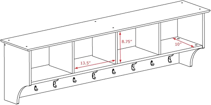 Prepac 60" Contemporary Wall Mounted Coat Rack, Coat Hooks Wall Mount with 4 Shelves, Ideal for Hallway or Entryway Storage Solution, 11.5"D x 60"W x 16.5"H, White
