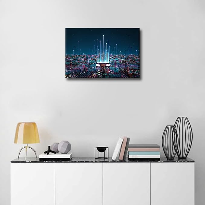TUMOVO AI Wall Art Painting Digital Age Bedroom Living Room Wall Decor CPU Concept Framed Modern Pictures Virtual Space Canvas Prints Artwork for Wall Decor Bathroom Office Decorations, 18x12in