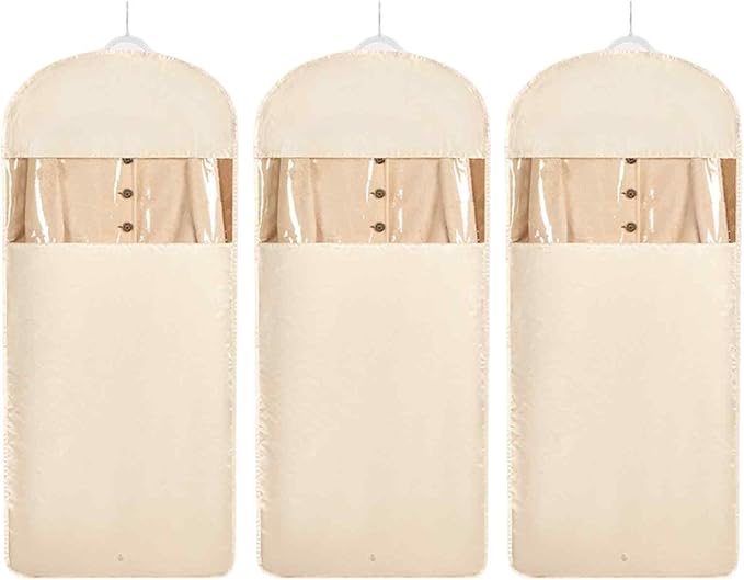 Space Saving Hanging Garment Bag with Self Compression Zipper，Dust Cover Clothes Bags for Down Coat,Dress,Suit，Closet Storage Organizer for Home Travel Use(Beige, XL)