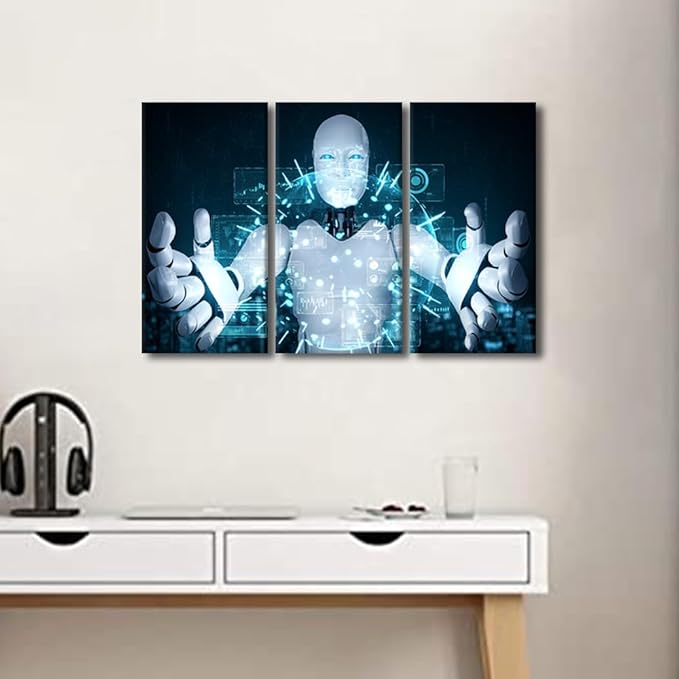 TUMOVO Robot Paintings for Wall Decorations AI Intelligence Canvas Prints AI Wall Art Giclee Artwork 3 Panels Canvas Wall Art Room Wall Decor Stretched and Framed Ready to Hang, 36" Wx24 H