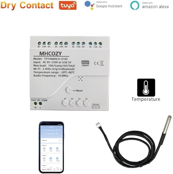 Tuya app WiFi Temperature Sensor Controller,Phone Monitor and Control Temperature Anywhere,4 Channel 110v 10A Dry Contact Relay Switch,Compatible with Alexa Google Home