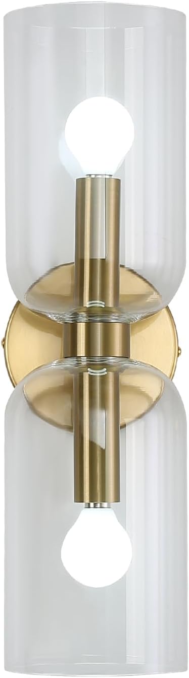 Minimalist 2-Light Gold Wall Sconces with Cylinder Glass Shades- Mid Century Vanity Wall Double Lights Hardwired- Modern Indoor Glass Wall Mounted Art Decor Lights (Clear, 1 Pack)
