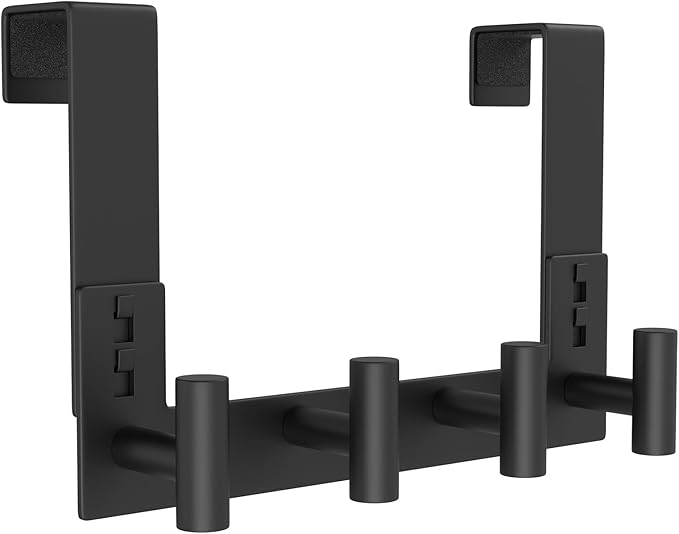 PMMASTO Over The Door Hooks, Fits 1-3/4" Thick Door No Drill Hooks for Closet Bathroom Bedroom Organization, Hanger for Coat Towel Robe (Black, 4 T-Hooks)