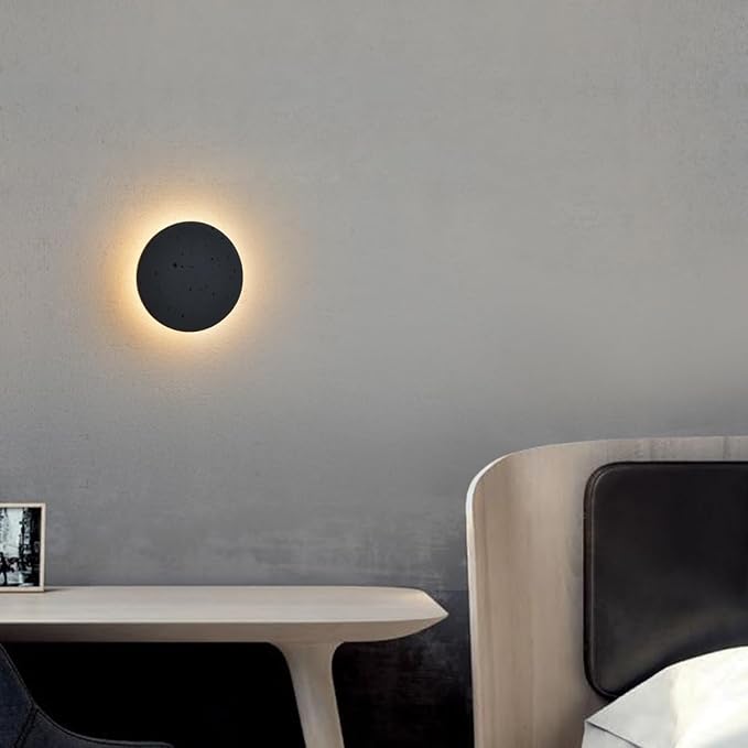 Black Wall Sconce Indoor,Hallway Sconces Wall Lighting Round,Led Cement Wall Lamp Hardwired,Minimalist Wall Mount Light Flat Design,Modern Sconces Lighting for Bedroom,Living Room,12w 3000k,Warm White