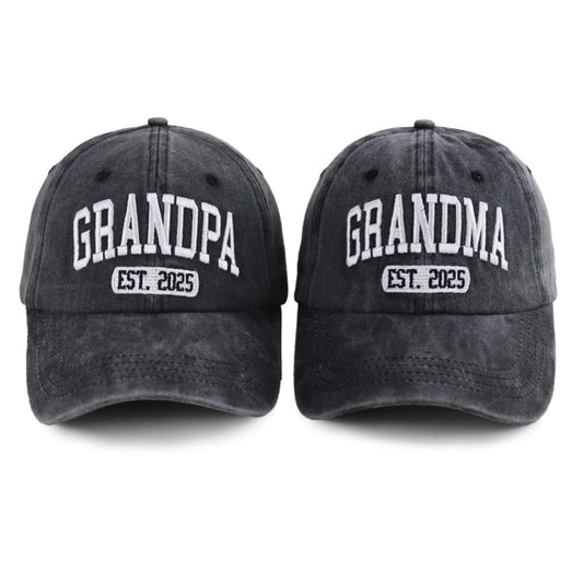 Grandpa and Grandma Est 2025 Hats for Men Women, New Grandparents Birthday Gifts for Baby Announcement, First Time Grandpa Grandma Baseball Cap Black