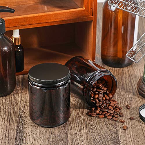 Lallisa 48 Pcs 8 oz Amber Glass Jars with Black Lids Round Glass Cosmetic Jars with Lids Empty Amber Containers Refillable Food Storage Containers for Spice Powder Liquid Sample Makeup