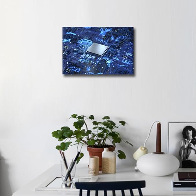 TUMOVO Futuristic CPU Painting Posters Circuit Board House Deocration for Living Room CPU Concept Canvas Prints Wall Decor AI Wall Art for Office Bedroom Modern Artwork Giclee Framed - 18x12in