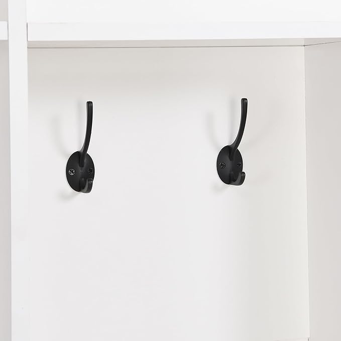 Modern Hall Tree with Storage Bench, Minimalist Shoe Cabinet with Cube Storage & Shelves, Multifunctional Coat Rack with 8 Hooks for Entryways Mudroom Hallway (White + Particle Board-Q13)