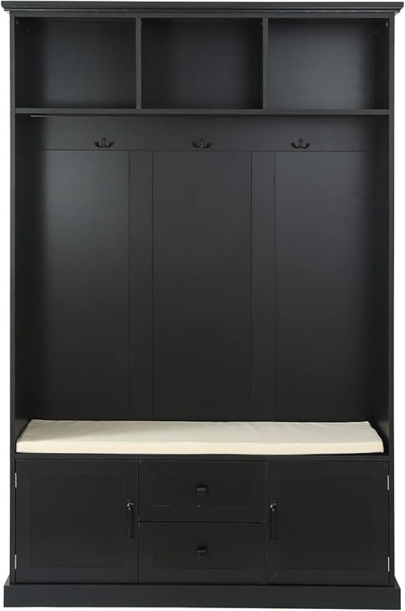 RUNNA Delicate 3-in-1 Hall Tree with 2 Cabinet and 2 Drawers,3 Open Shelves and 3 Hooks,Coat Hanger and Storage Bench,for Livingroom Hallway Entryway Use (Black#H-)
