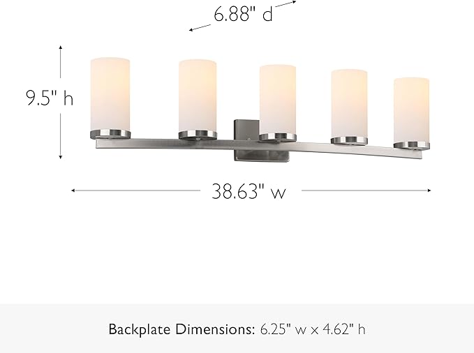 Design House Desta Vanity Light, 5-Light, Curved Bar Design, Frosted Glass Glow, Dimmable, Up/Down Mountable, E26 Socket, Satin Nickel, 38.6 in L x 6.9 in W x 9.5 in H, 589176-SN