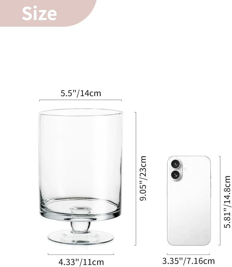 Nuptio 2 Pcs Glass Flower Vase - Large Pillar Candle Holder, 8.7in Tall Glass Cylinder Candle Holder Hurricane Ornament for Wedding Party Dining Table Home Centerpieces Housewarming Gift