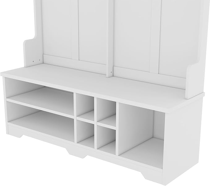 Modern Entryway 3-Tier Hall Tree, Coat Rack with Shoe Storage, Bench Seat, 6 Metal Hooks and Open Shelves, for Organized Homes (White)