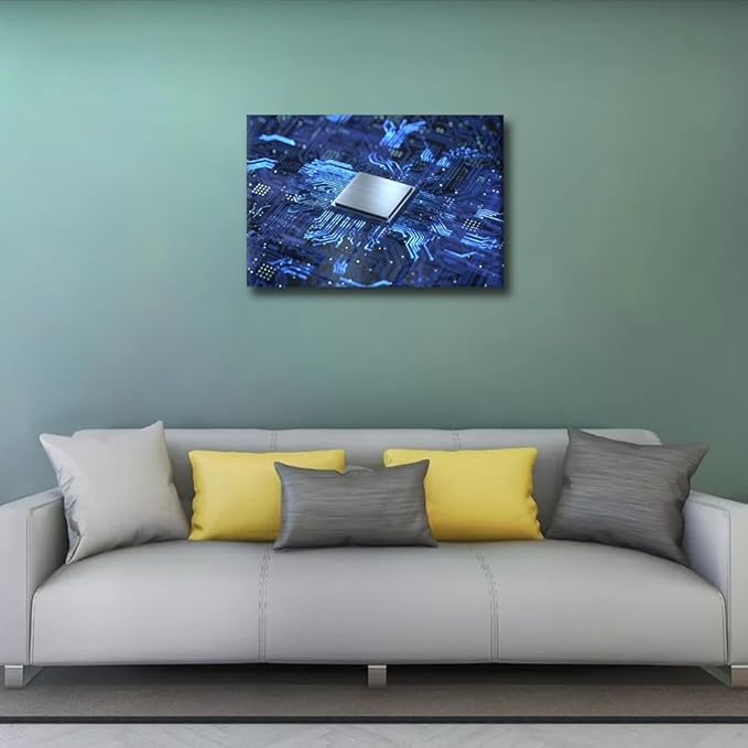 TUMOVO Futuristic CPU Painting Posters Circuit Board House Deocration for Living Room CPU Concept Canvas Prints Wall Decor AI Wall Art for Office Bedroom Modern Artwork Giclee Framed - 18x12in