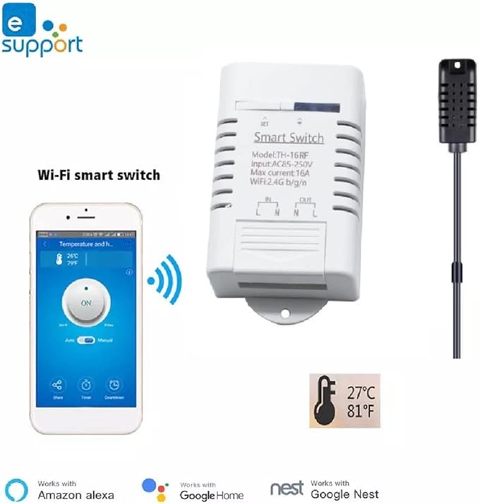 eWeLink Smart 16A Switch with Temperature and Humidity Monitoring, WiFi Thermostat Controller Compatible with Alexa Google Home (Temperature and Humidity)