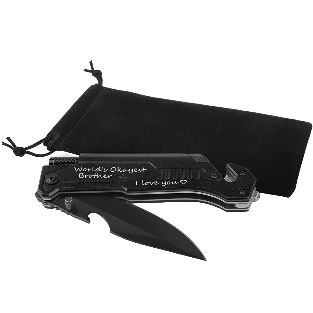 Engraved Pocket Knife For Brother, World's Okayest Brother, Pocket Knifes with 6 Functions, LED Light, Fire Starter, Bottle Opener, Seat Belt Cutter, Glass Breaker, Gifts for Birthday Christmas