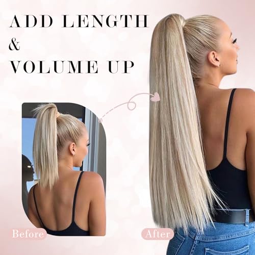 Ponytail Extensions Human Hair Long Straight Ponytail Hair Extensions with Magic Paste Wrap Around Clip in Ponytail Extensions Real Human Hair,18inch #2 Dark Brown,90g