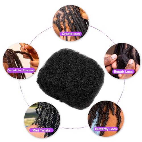 Tight Afro Kinky Bulk Human Hair for Dreadlock Extensions, 100% Human Hair,120Gram 12 Inch 4 Bundles/Pack Natural Black #1B,Repair Extensions,Making Locs or Braids, with Needles and Hairpin