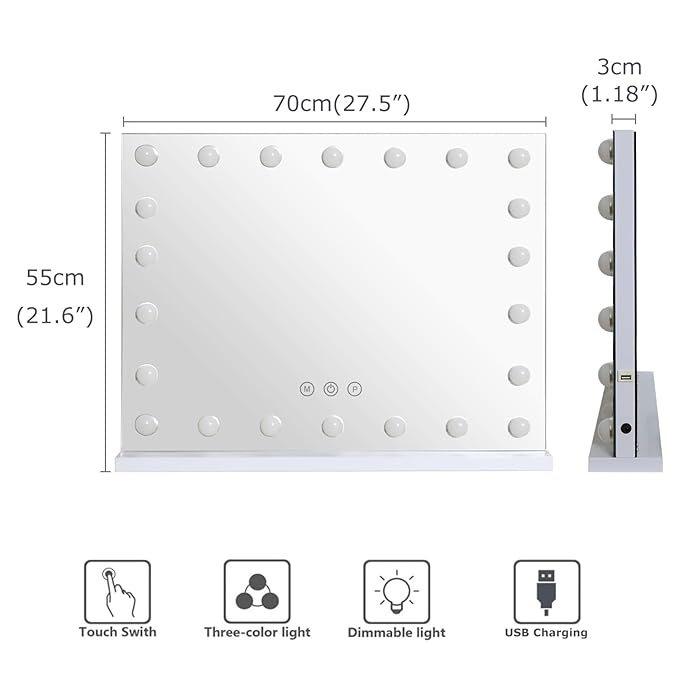 27.5"x 21.6" Vanity Mirror Makeup Mirror with Lights,10X Large Hollywood Lighted Vanity Mirror with 22 Dimmable LED Bulbs,3 Color Modes,Touch Control for Bedroom,Tabletop or Wall-Mounted