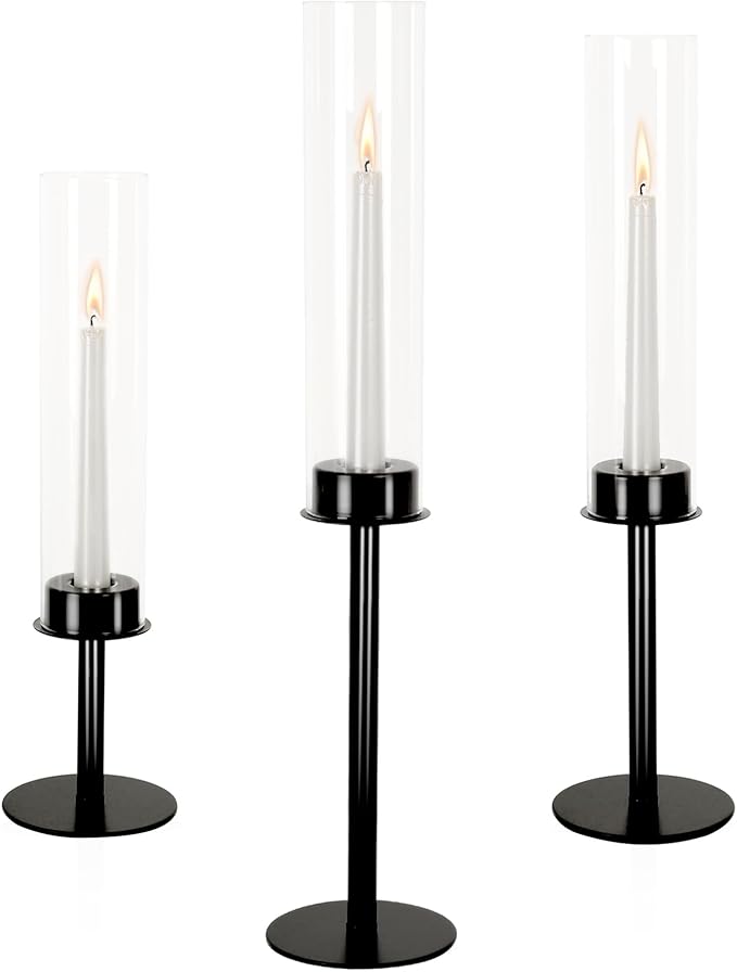 Hurricane Candle Holders Set of 3 Metal Candlestick Holder for Glass Taper Tall Candle Holders with Crystal Chimney Tube Candles Stands for Home Decor, Christmas, Dinning (3, Black)