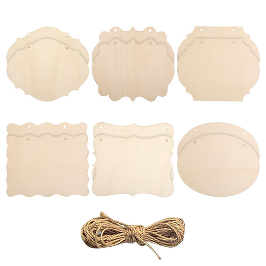 GSHLLO 12 Pcs Unfinished Hanging Wood Signs & Tags - Wooden Door Hangers & Craft Plaques with Hemp Ropes