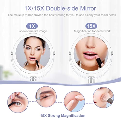 Vanity Makeup Mirror with Stand, 1X/15X Magnification Double Sided 360 Degree Swivel, Portable Table Desk Counter top Magnifying Mirror, Tabletop Bathroom Shaving Mirror, 6.25 Inch