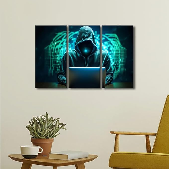 TUMOVO 3 Panels Canvas Wall Art Hacker Malware Canvas Prints Modern Artwork for Home Walls Living Room Decor AI Big Data Posters and Prints Stretched and Framed Ready to Hang, 36" Wx24 H