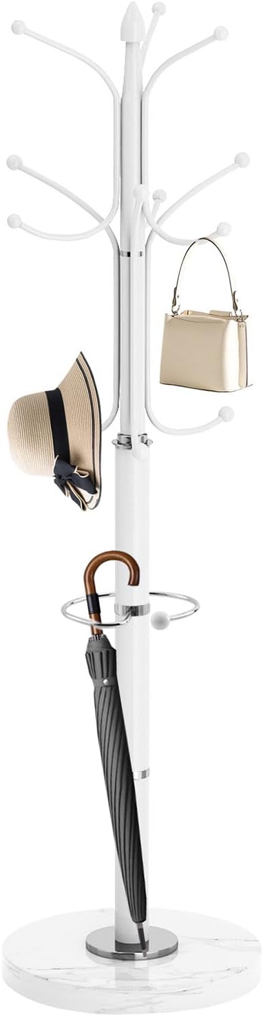 EZIVIEZ Modern Coat Rack Stand, Metal Freestanding Coat Rack with Natural Marble Base, Heavy-Duty Coat Racks with Umbrella Holder,White Coat Hanger Stand with 12 Hooks for Office, Entryway, Hallway