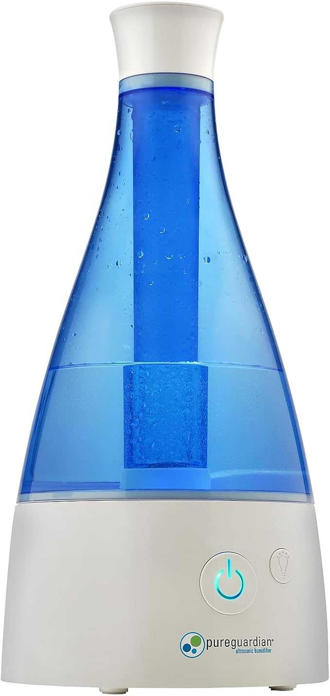 PureGuardian Ultrasonic Cool Mist Humidifier, 30 Hrs. Run Time, 0.5 Gal. Tank Capacity, 350 Sq. Ft. Coverage, Small Rooms, Quiet, Filter Free, Silver Clean Treated Tank, H940AR