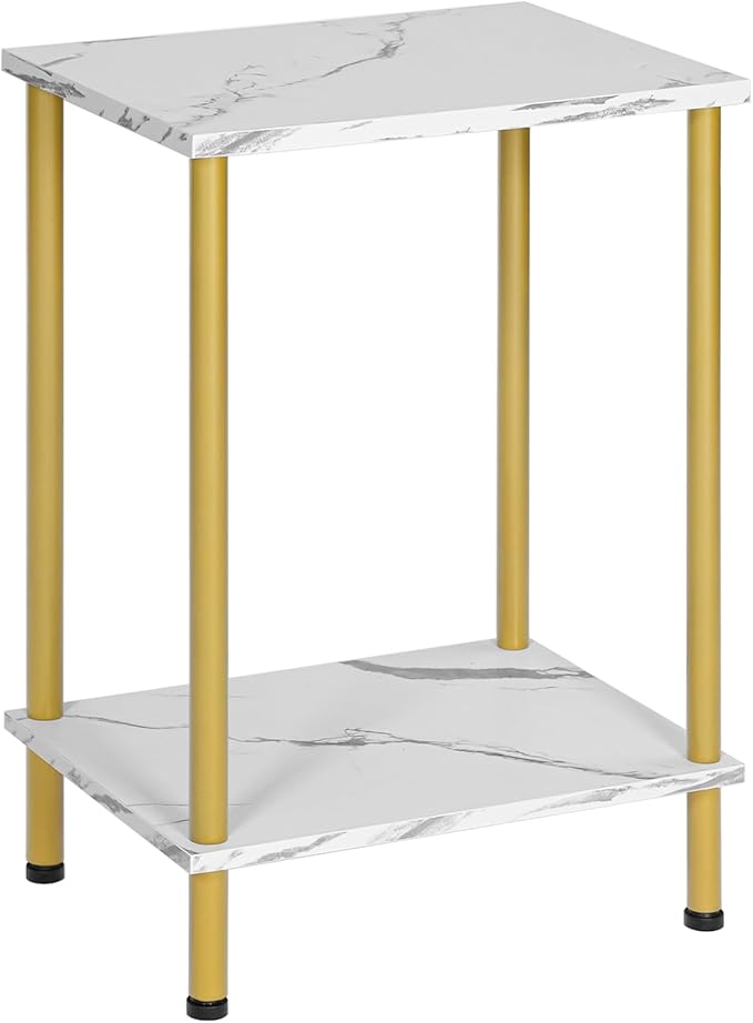 HOOBRO End Table, Small Side Table, Nightstand with 2-Layer Storage Shelves, Sofa Table for Small Spaces, Living Room, Bedroom, Stable Frame, Easy Assembly, Gold and Marble DM09BZ01
