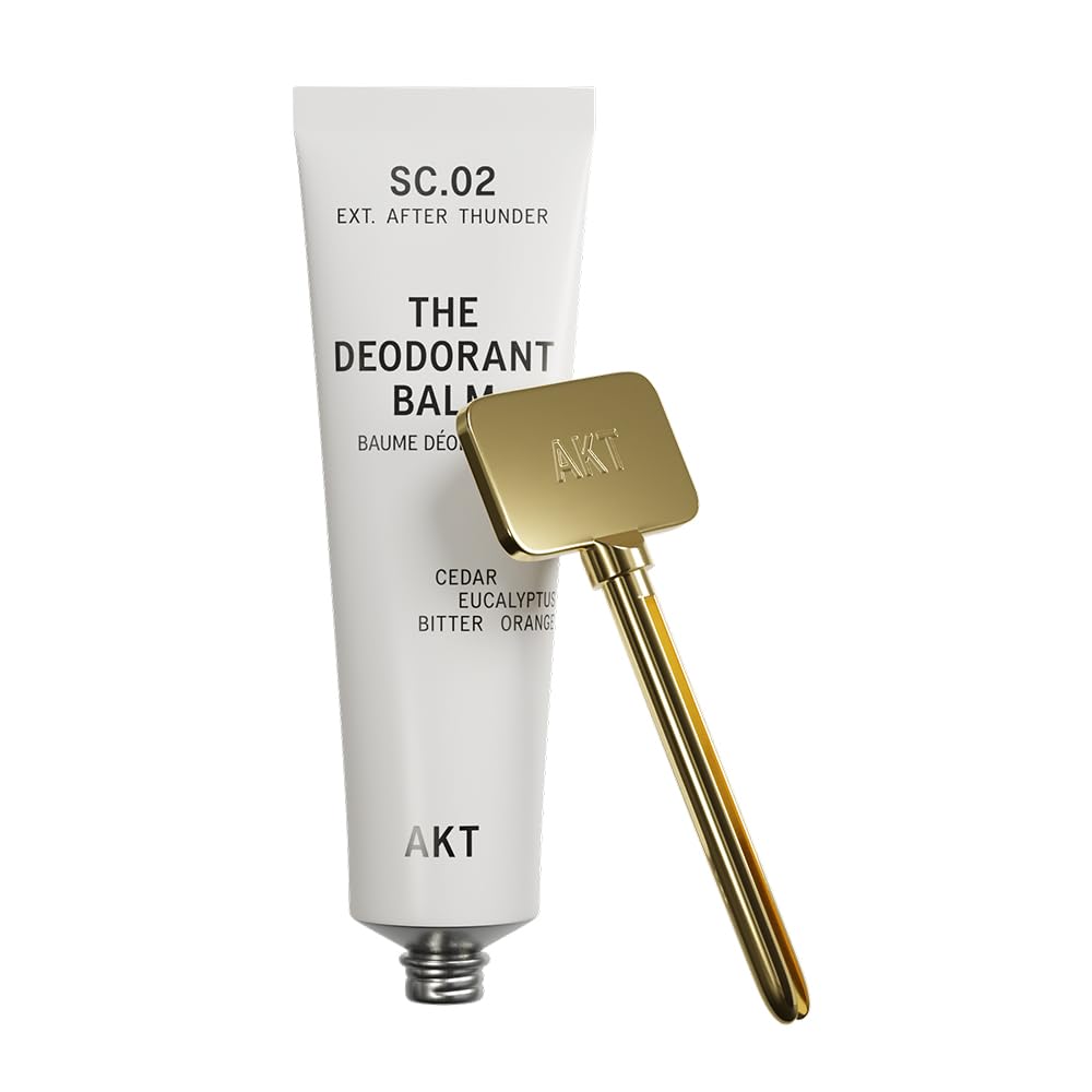 AKT, THE DEODORANT BALM. Award winning, multi-use, natural deodorant. Plastic Free. Gender Free. Aluminium Free. 100% effective â 1 tube lasts up to 3 months. SC.02 AFTER THUNDER. 50ml/1.76 FL.OZ