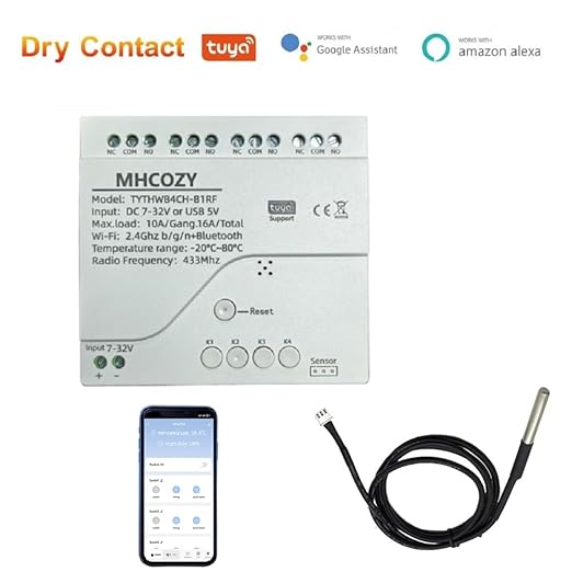 WiFi Wireless Smart Temperature Sensor Probe Relay Switch,4CH Dry Contact App Remote Monitor and Control Temperature,Compatible with Alexa Google Home