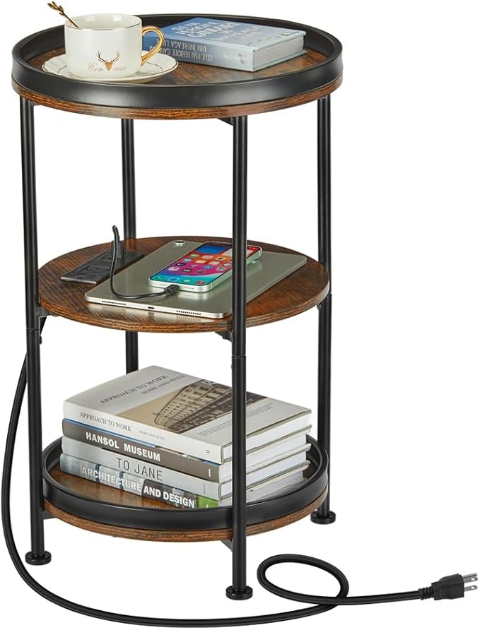 Dulcii Round Side Table with Charging Station, End Table with 3 Shelves for Living Room, Bedroom Nightstand for Small Spaces, Industrial Round Sofa Table with Steel Frame (USB+Rustic Brown)