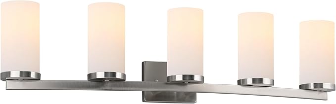 Design House Desta Vanity Light, 5-Light, Curved Bar Design, Frosted Glass Glow, Dimmable, Up/Down Mountable, E26 Socket, Satin Nickel, 38.6 in L x 6.9 in W x 9.5 in H, 589176-SN