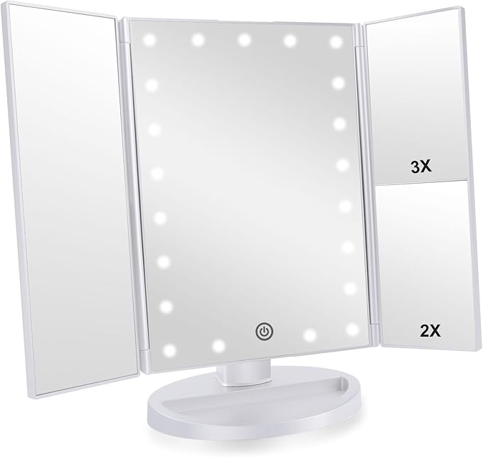Trifold Makeup Mirror Vanity Mirror with Lights,1X 2X 3X Magnification,Touch Control,Adjustable Rotation,Dual Power Supply,Portable Travel Cosmetic Mirror,Birthday Gifts for Women,Teengirls